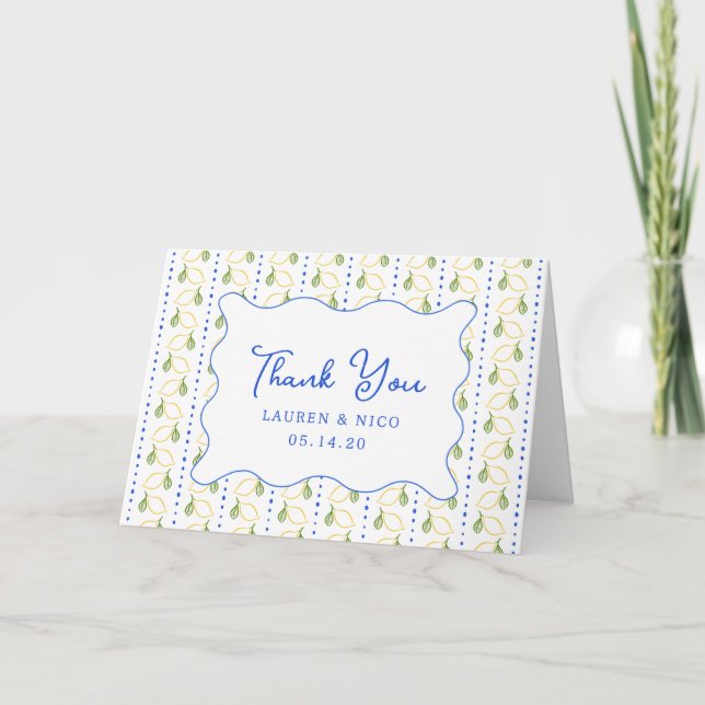 Lemon Citrus Italienisch Blue & Yellow Custom Wedd Dankeskarte (Vorderseite)