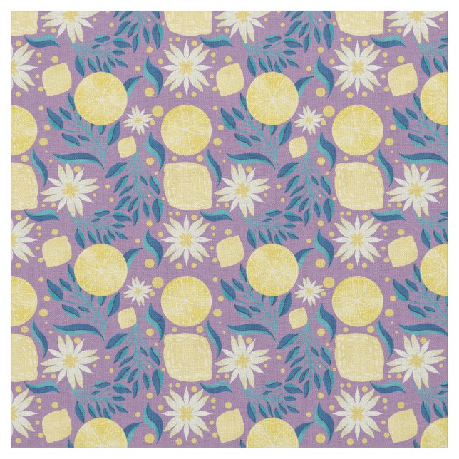Lemon Citrus Lila Floral Stoff (Nahaufnahme)