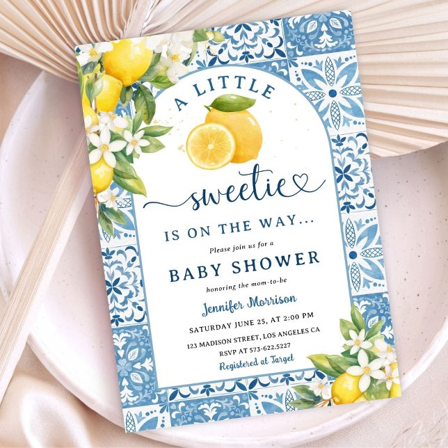 Lemon Citrus Mediterrane Babydusche Blue Tiles Einladung (Von Creator hochgeladen)