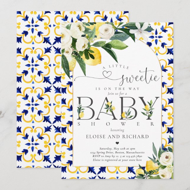 Lemon Citrus Mittelmeer Botanical Baby Dusche Einladung (Vorne/Hinten)