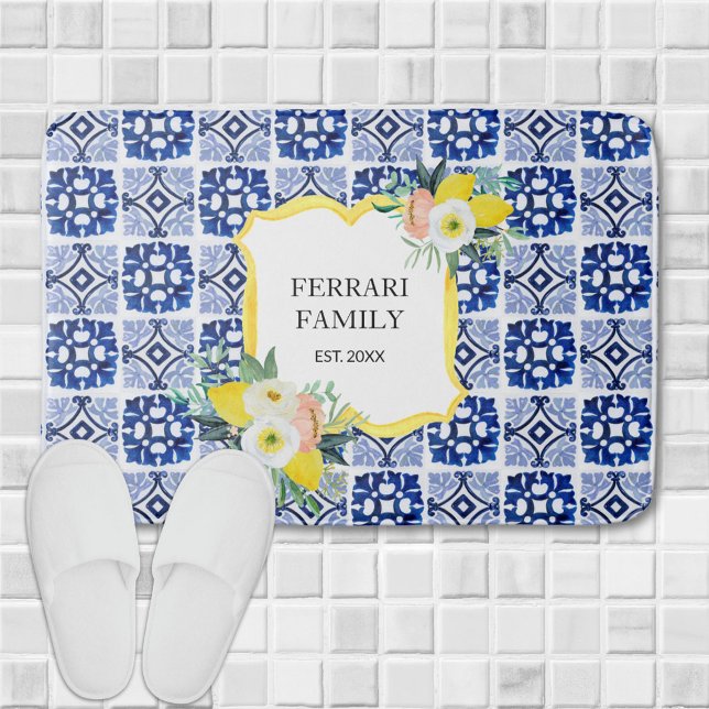 Lemon Citrus Navy Blauer italienischer Mittelmeer Badematte (In situ)