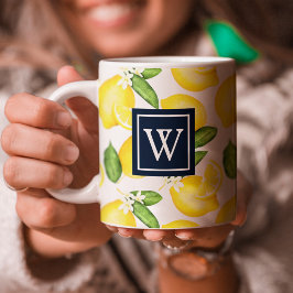 Lemon Citrus Pattern Navy Monogram Kaffeetasse