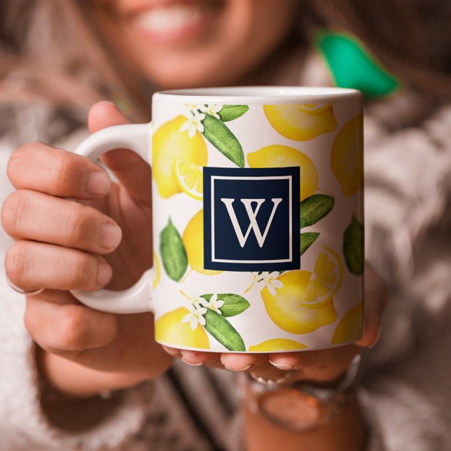 Lemon Citrus Pattern Navy Monogram Kaffeetasse (Von Creator hochgeladen)
