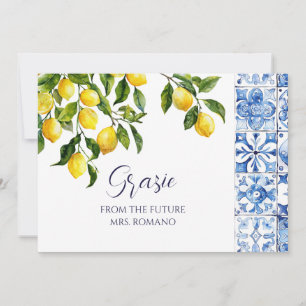 Lemon Citrus Positano Blue Tiles Brautparty Dankeskarte