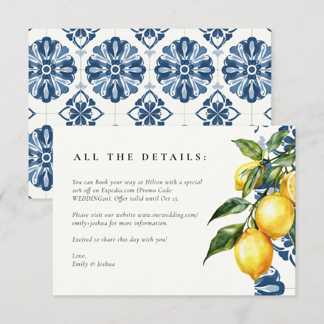 Lemon Citrus Positano Italienische Hochzeit Begleitkarte (Vorne/Hinten)