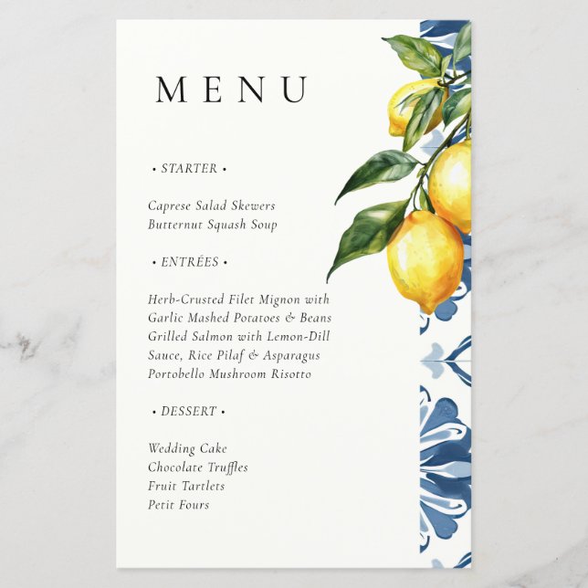 Lemon Citrus Positano Italienisches Hochzeitsmenü (Vorderseite)