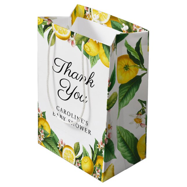 Lemon Citrus Summer Baby Dusche Mittlere Geschenktüte (Rückseite Schrägansicht)