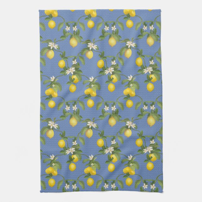 Lemon Citrus Trellis French Country Farmhouse Blue Geschirrtuch (Vertikal)