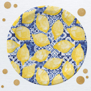 Lemon Citrus Watercolor Blue Mediterranean Tile Pappteller