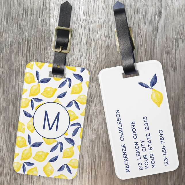 Lemon Citrus Watercolor Monogram Personalisiert Gepäckanhänger (Monogram initial personalized watercolor lemon citrus Mediterranean luggage tag)