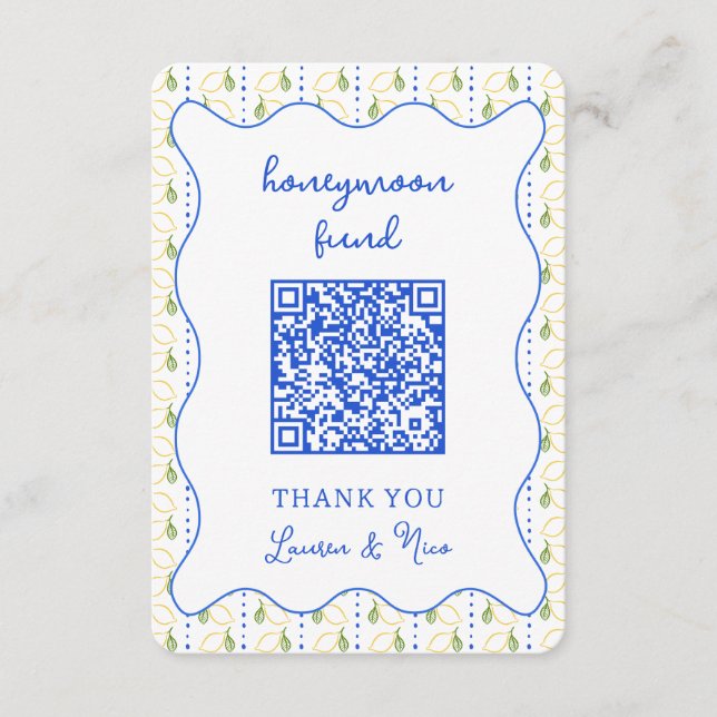 Lemon Citrus Wedding Honeymoon Fund QR Code Begleitkarte (Vorderseite)