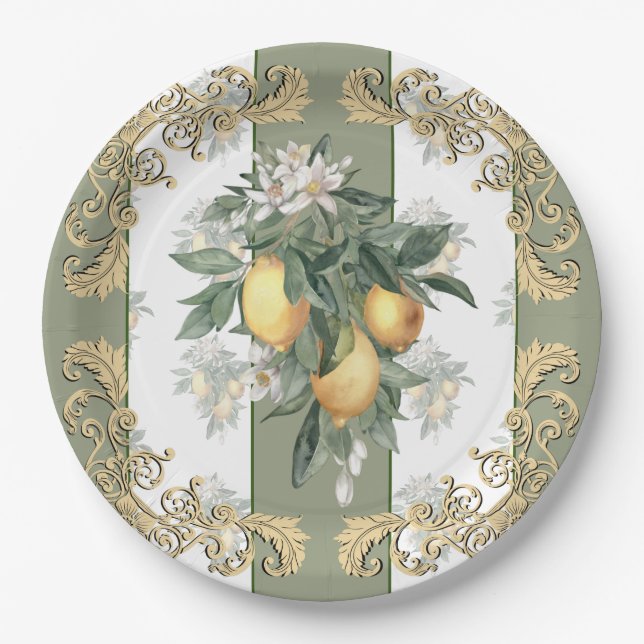 Lemon Citrus | Weiß und grün gestrichen Elegant Pappteller (Vorderseite)