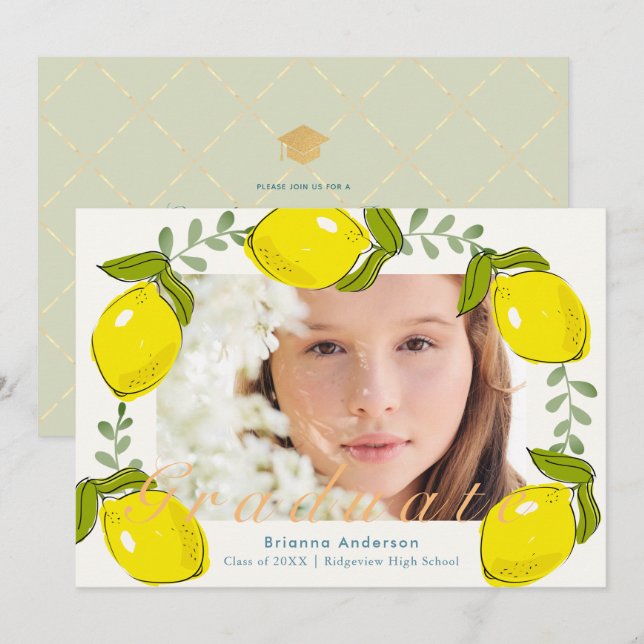 Lemon Citrus Wreath Foto Abschluss Einladung (Vorne/Hinten)