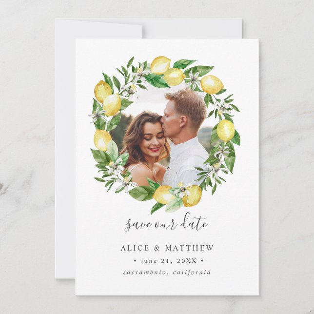 Lemon Citrus Wreath Foto Hochzeit speichern Sie da Save The Date (Vorderseite)
