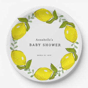 Lemon Citrus Wreath White Baby Shower Paper Plate Pappteller