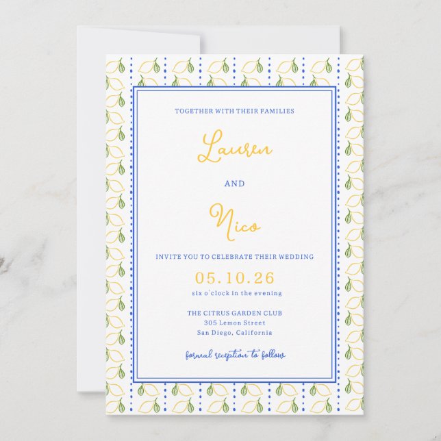 Lemon Citrus Yellow and Blue Italian Chic Wedding Einladung (Vorderseite)