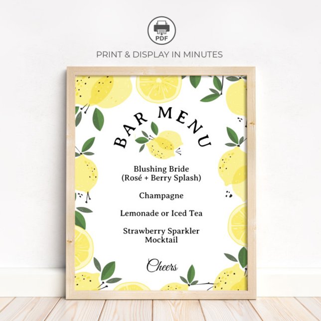 Lemon Cocktail Bar Menu Bridal Shower Sign Poster (Von Creator hochgeladen)