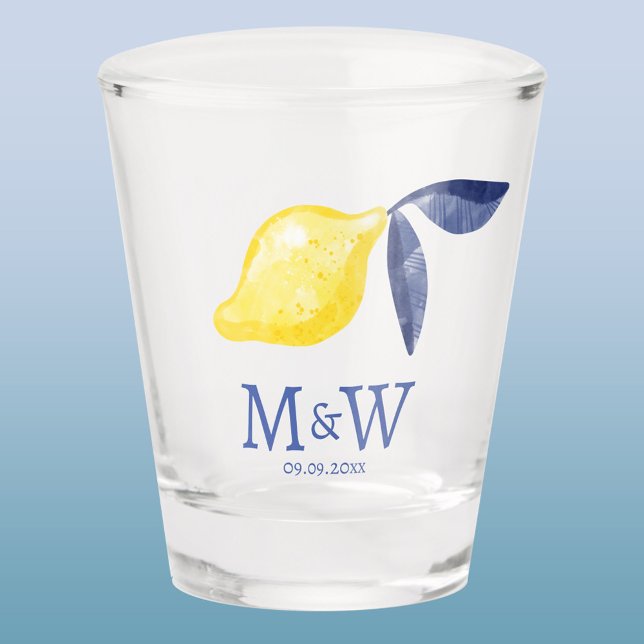 Lemon Couple Initials Monogramm Datum Schnapsglas (Lemon watercolor Mediterranean wedding couple monogram initials date shot glass)