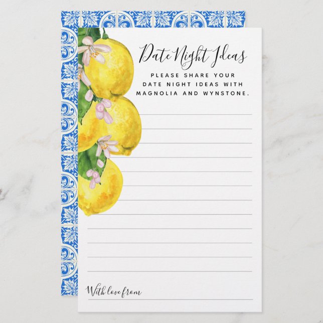 Lemon Date Night Ideas Cards (Vorne/Hinten)