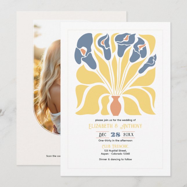 Lemon & Denim Abstract Floral Boho Wedding Einladung (Vorne/Hinten)
