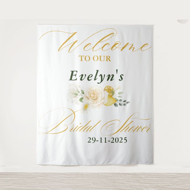 Lemon Eucalyptus Rose Elegantes Script Brautparty Wandteppich (Vorderseite)