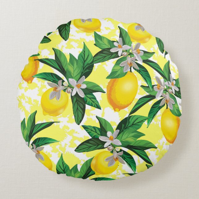 Lemon Fantasy: Kreatives Muster der Blumen Rundes Kissen (Vorderseite)