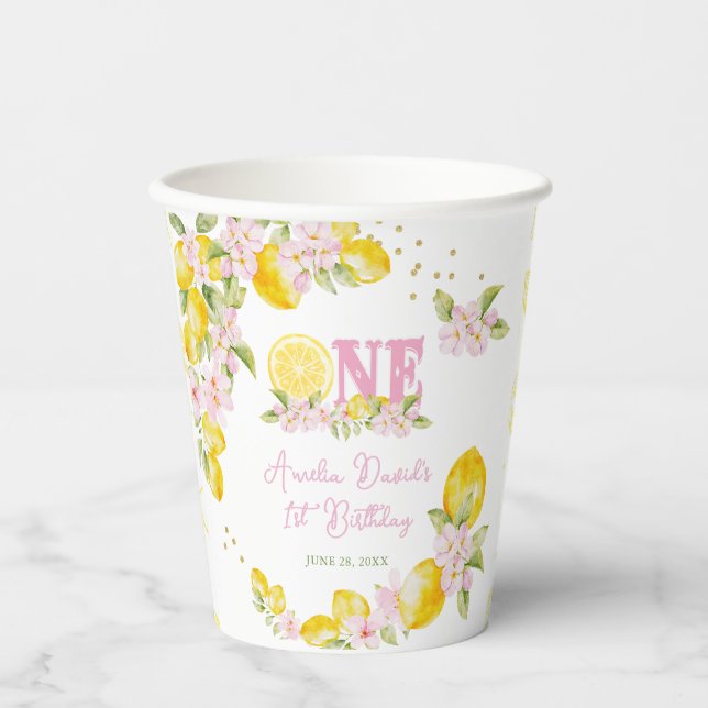 Lemon Floral 1st Birthday Pappbecher (Vorderseite)