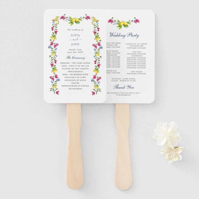 Lemon Floral Amalfi Italienisches Hochzeitsprogram Fächer (Vorne und Hinten)