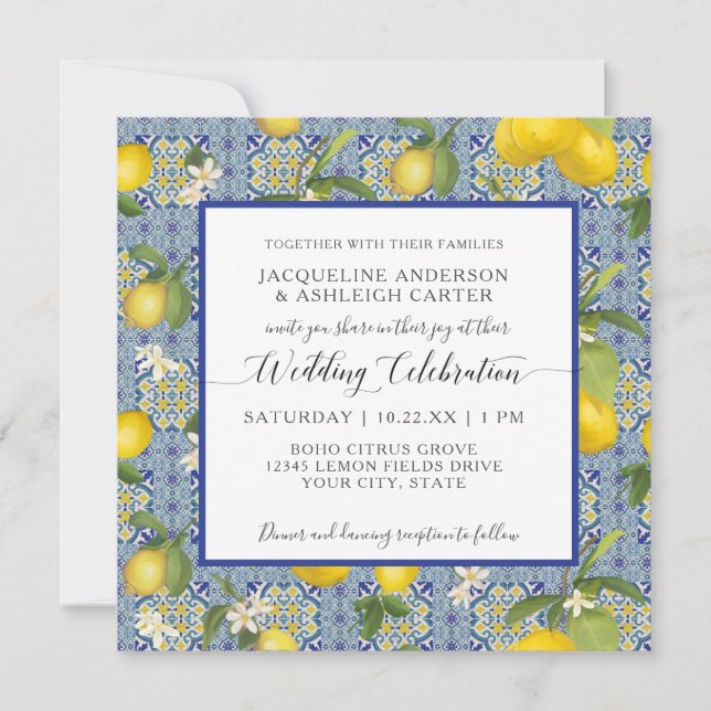 Lemon Floral Citrus Blue and White Tile Wedding Einladung (Vorderseite)