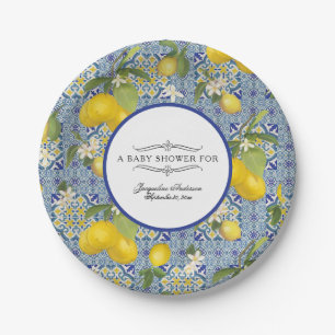 Lemon Floral Citrus Foliage Blue White Baby Dusche Pappteller