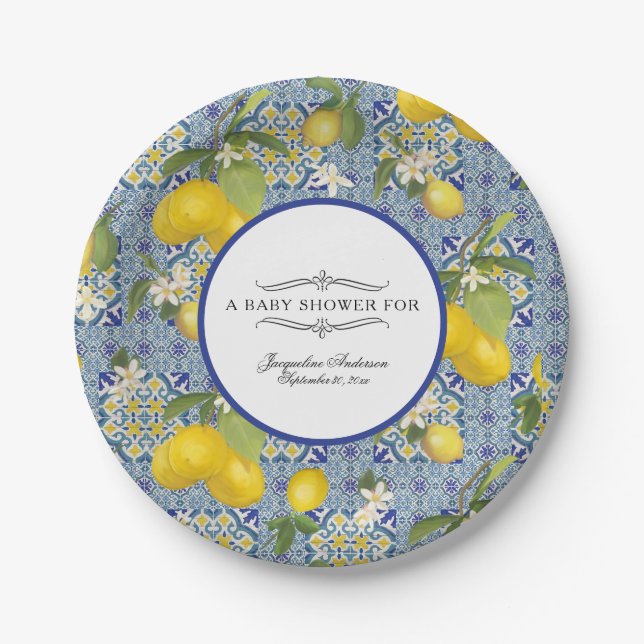 Lemon Floral Citrus Foliage Blue White Baby Dusche Pappteller (Vorderseite)