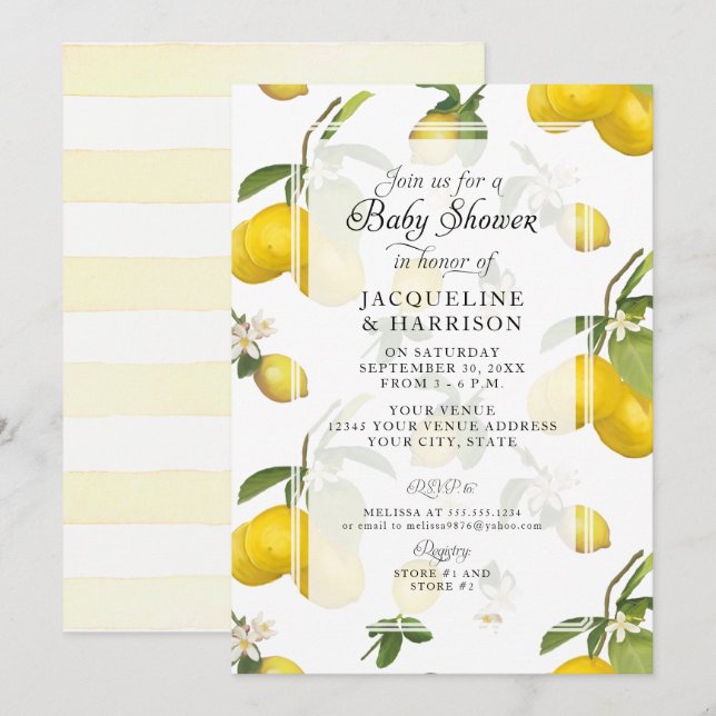 Lemon Floral Citrus Foliage Greenerenerity Baby Du Einladung (Vorne/Hinten)