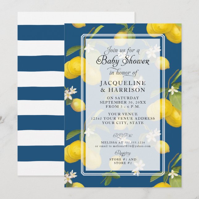 Lemon Floral Citrus Greenery Blue Baby Boy Dusche Einladung (Vorne/Hinten)
