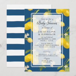 Lemon Floral Citrus Greenery Blue Baby Boy Dusche Einladung