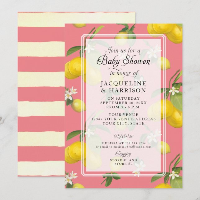 Lemon Floral Citrus Greenery Pink Baby Girl Dusche Einladung (Vorne/Hinten)