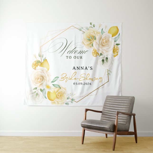 Lemon Floral Eukalyptus Brautparty Hintergrund Wandteppich (Beispiel (Horizontal))