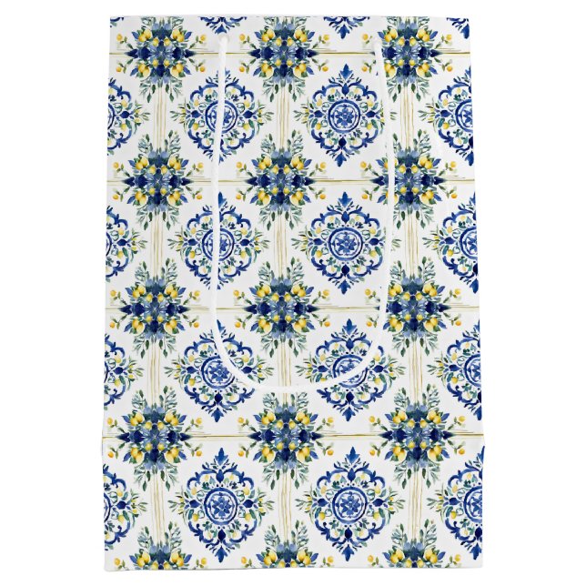Lemon Floral Italienisch Tile Blau und Weiß Decoup Mittlere Geschenktüte (Rückseite)