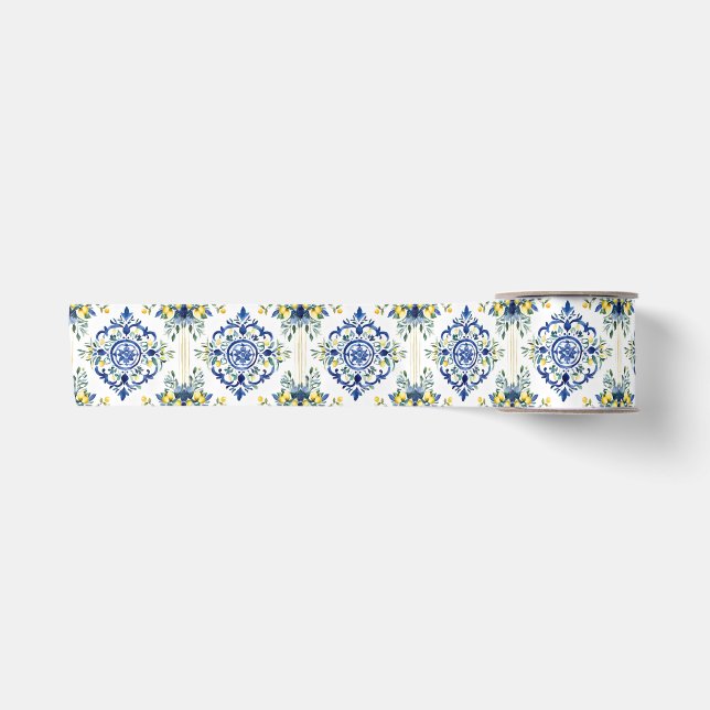 Lemon Floral Italienisch Tile Blau und Weiß Decoup Satinband (Vorderseite)
