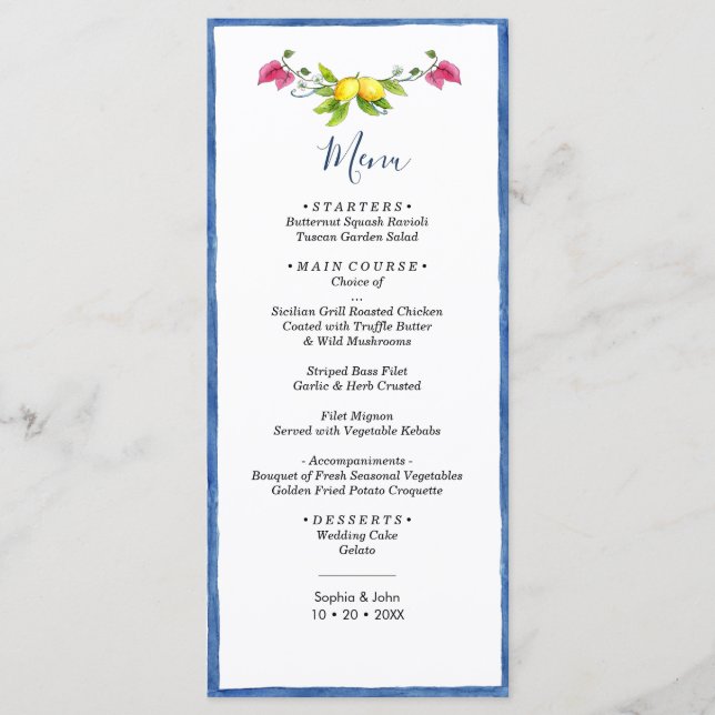 Lemon Floral Mediteran Amalfi Hochzeit Menükarte (Vorderseite)