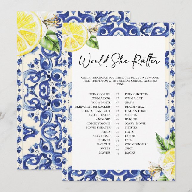 Lemon Floral Mediterranean Bridal Shower game Einladung (Vorne/Hinten)