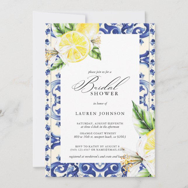 Lemon Floral Mediterranes Brautparty Einladung (Vorderseite)