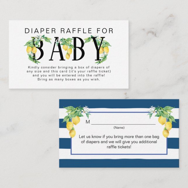 Lemon Floral Navy Blue White Diaper Raffle Begleitkarte (Vorne/Hinten)
