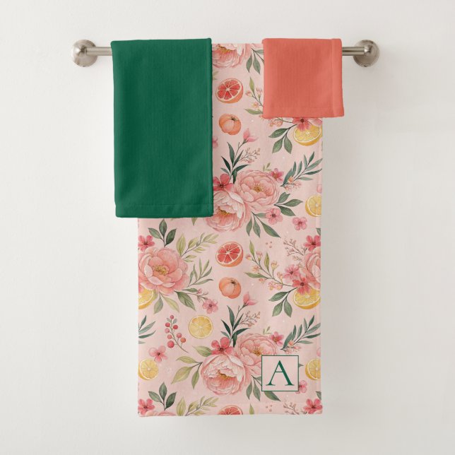 Lemon Floral pink Peony rustikales Muster Monogram Badhandtuch Set (Insitu)