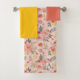 Lemon Floral pink Peony rustikales Muster Monogram Badhandtuch Set