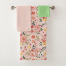 Lemon Floral pink Peony rustikales Muster Monogram Badhandtuch Set