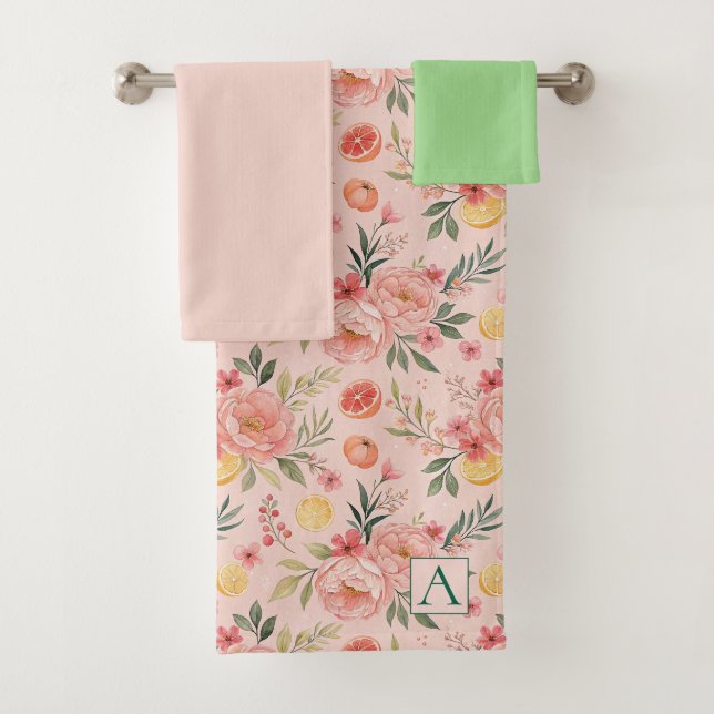 Lemon Floral pink Peony rustikales Muster Monogram Badhandtuch Set (Insitu)