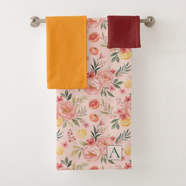 Lemon Floral pink Peony rustikales Muster Monogram Badhandtuch Set (Insitu)