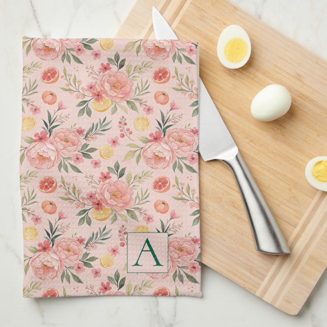 Lemon Floral pink Peony rustikales Muster Monogram Geschirrtuch (Viertel Falte)