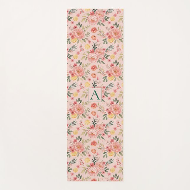 Lemon Floral pink Peony rustikales Muster Monogram Yogamatte (Vorderseite)