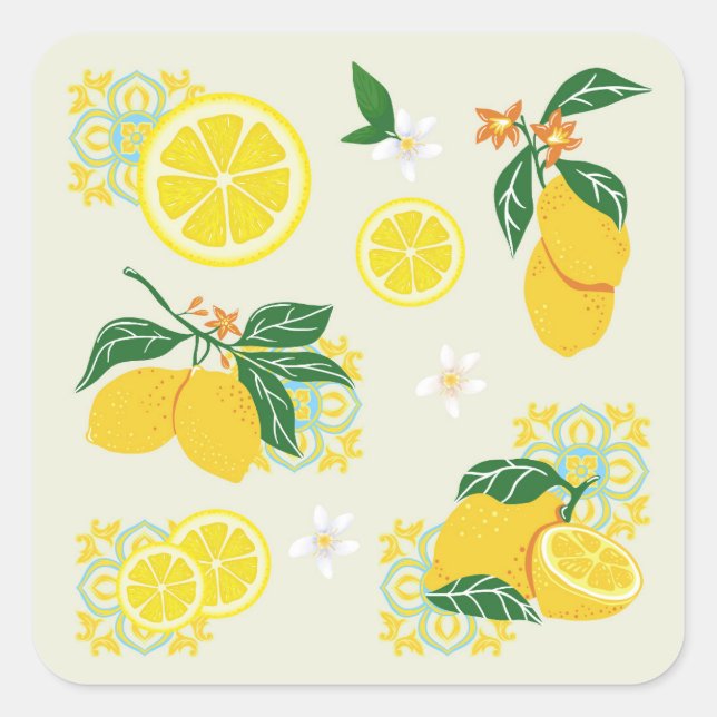 Lemon Floral Quadratischer Aufkleber (Vorderseite)